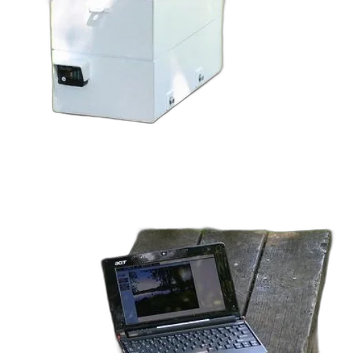 robot, 3d render, laptop, white, box, sit, wooden, deck transparent PNG cut-out