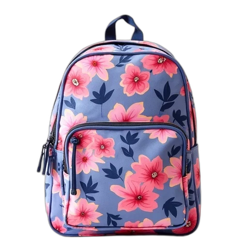 pink, blue, floral, patterned, backpack, zipper, closure, adjustable transparent PNG cut-out