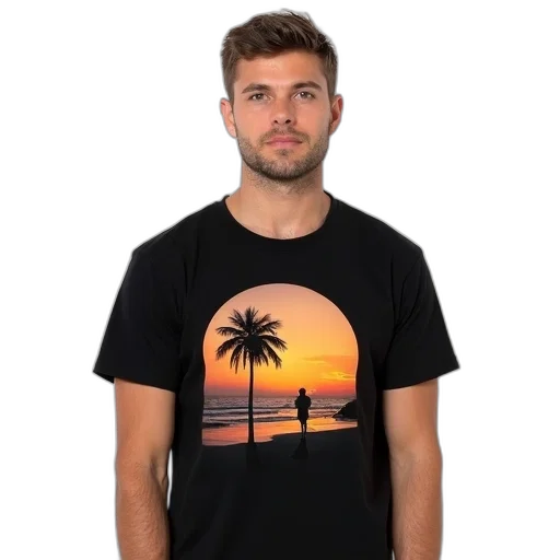 tree, vaporwave, photorealistic, 3d render, sunset, beach, man, wearing transparent PNG cut-out