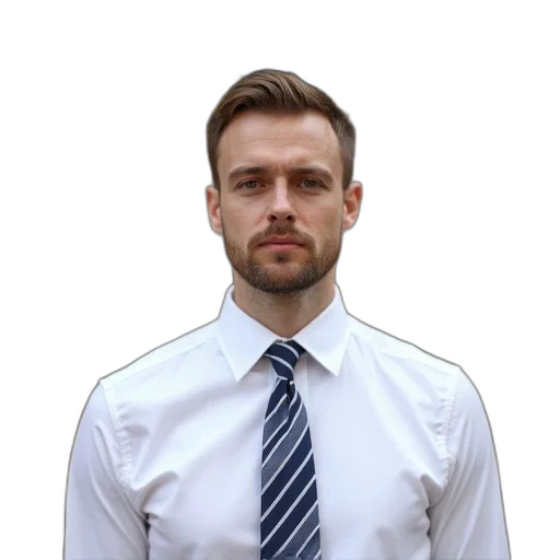 staff, face, jacket, photorealistic, man, short, hair, wearing transparent PNG cut-out