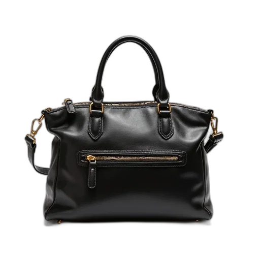 black, leather, handbag, shiny, surface, gold-tone, zipper, lying transparent PNG cut-out