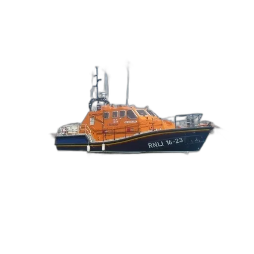 photorealistic, 3d render, large, orange, blue, boat, letters, rnli transparent PNG cut-out