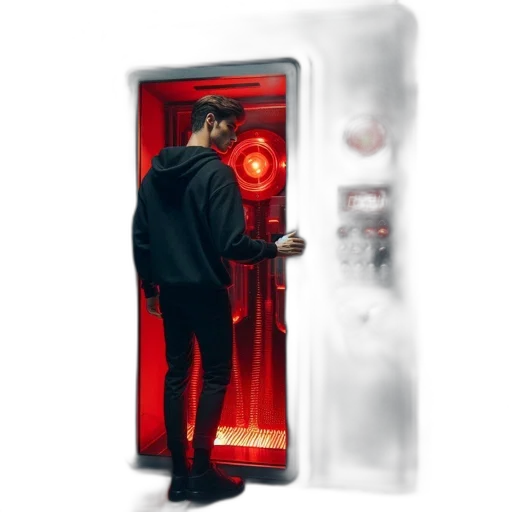 robot, jacket, cyberpunk, concept art, 3d render, pixel art, neon lights, fire transparent PNG cut-out