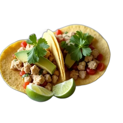 food, photorealistic, 3d render, plate, two, tacos, each, topped transparent PNG cut-out