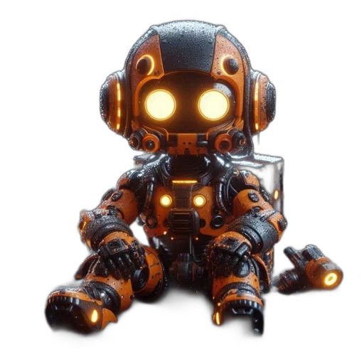 robot, 3d render, concept art, cyberpunk, pixel art, small, wet, illuminated transparent PNG cut-out