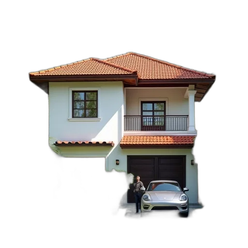 building, car, furniture, 3d render, photorealistic, two-story, house, red transparent PNG cut-out