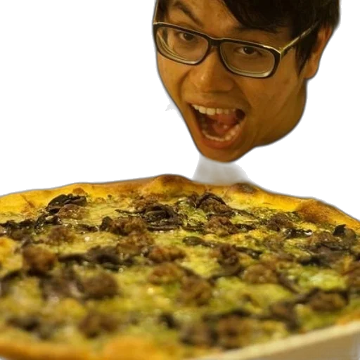 food, 3d render, person, glasses, excitedly, looking, pizza, sausage transparent PNG cut-out