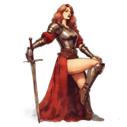sword, dress, staff, fantasy art, concept art, pixel art, comic book art, red transparent PNG cut-out