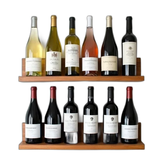 collection, wine, bottles, displayed, wooden, rack, against, white transparent PNG cut-out