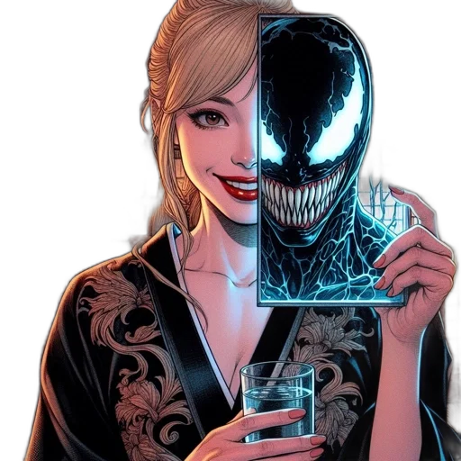 mask, comic book art, concept art, woman, blonde, hair, holds, mirror transparent PNG cut-out