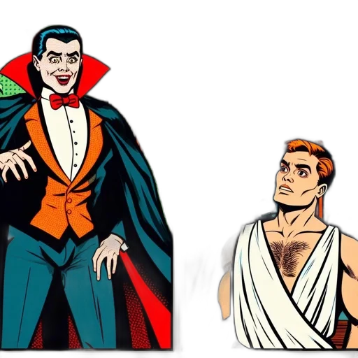 comic book art, concept art, cartoon, vintage-style, panel, smiling, vampire, points transparent PNG cut-out