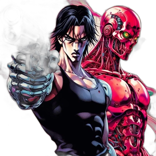 comic book art, concept art, pixel art, cyberpunk, red, two, distinctive, characters transparent PNG cut-out