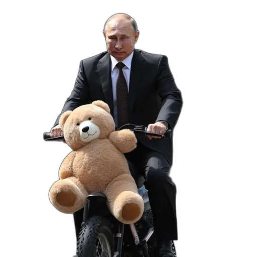 animal, creature, man, suit, motorcycle, carries, teddy, bear transparent PNG cut-out