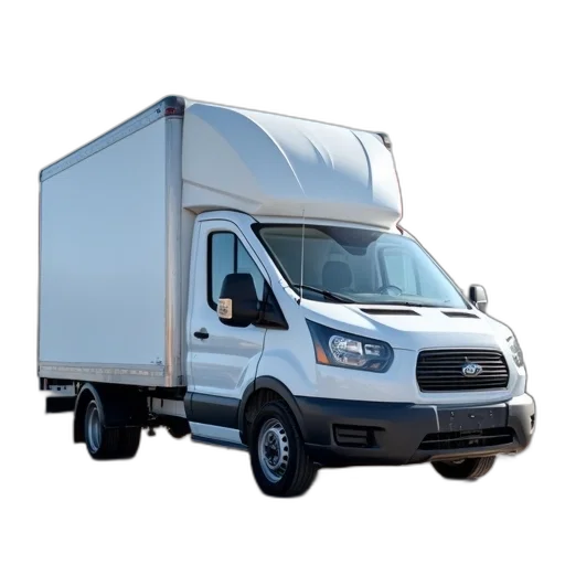 car, white, delivery, van, parked, paved, road, front transparent PNG cut-out