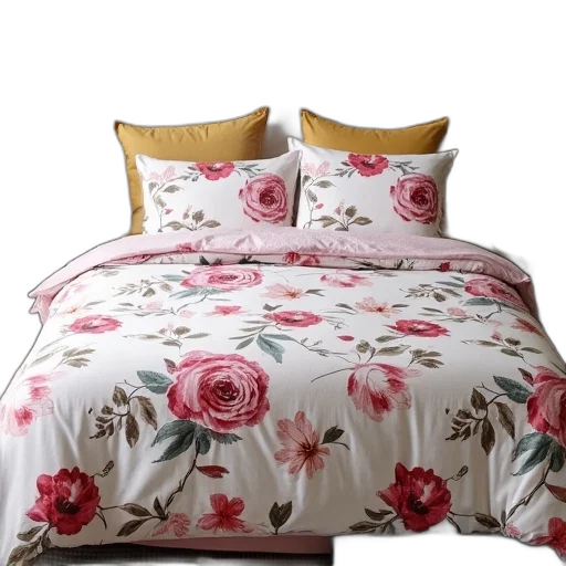 furniture, photorealistic, 3d render, red, floral, printed, bed, sheet transparent PNG cut-out