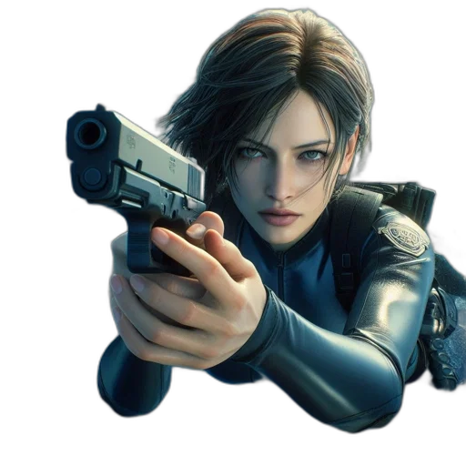 weapon, jacket, concept art, photorealistic, cyberpunk, 3d render, woman, black transparent PNG cut-out