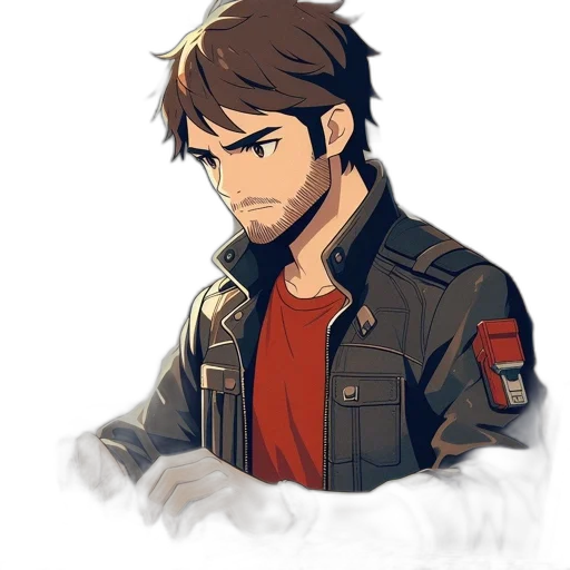jacket, staff, face, weapon, pixel art, anime, cartoon, concept art transparent PNG cut-out