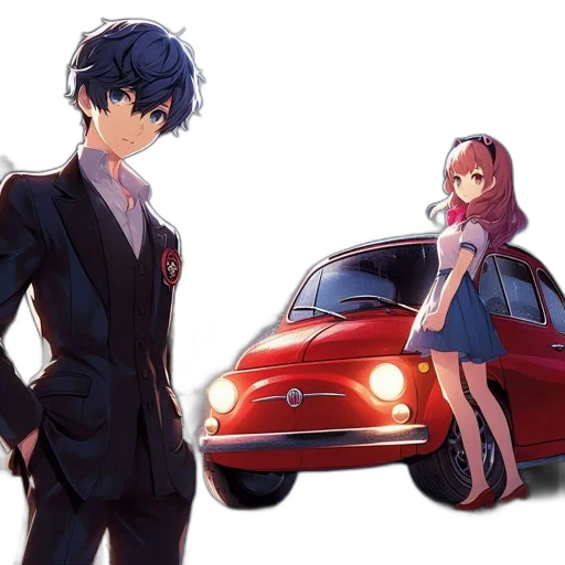 car, dress, anime, concept art, cartoon, pixel art, city street, sunset transparent PNG cut-out