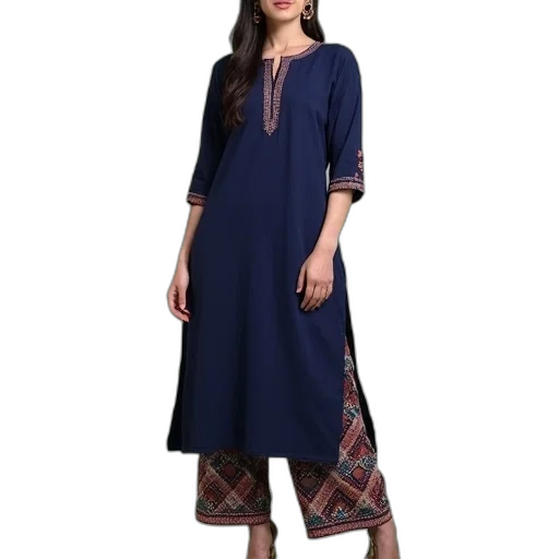 dress, blue, woman, navy, kurta, printed, striped, pants transparent PNG cut-out
