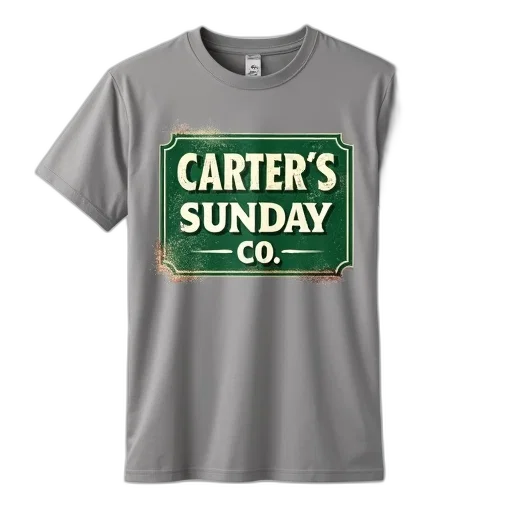grey, t-shirt, vintage-style, graphic, green, white, sign, reads transparent PNG cut-out