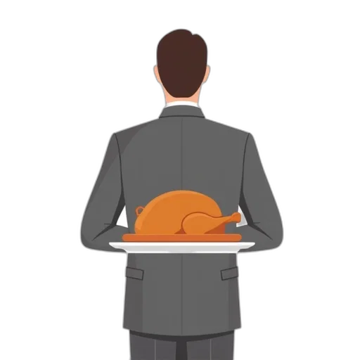 jacket, stylized, illustration, waiter, gray, suit, holding, tray transparent PNG cut-out