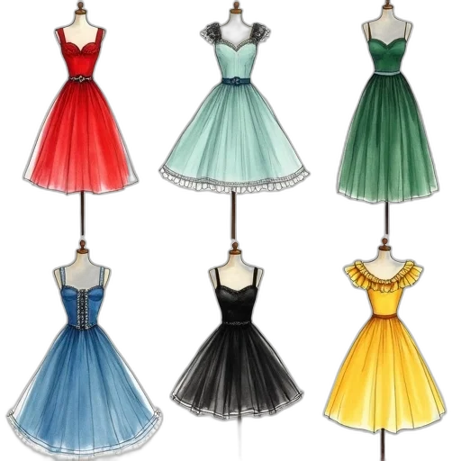 dress, 3d render, concept art, colorful, pastel, collection, six, hand-drawn transparent PNG cut-out