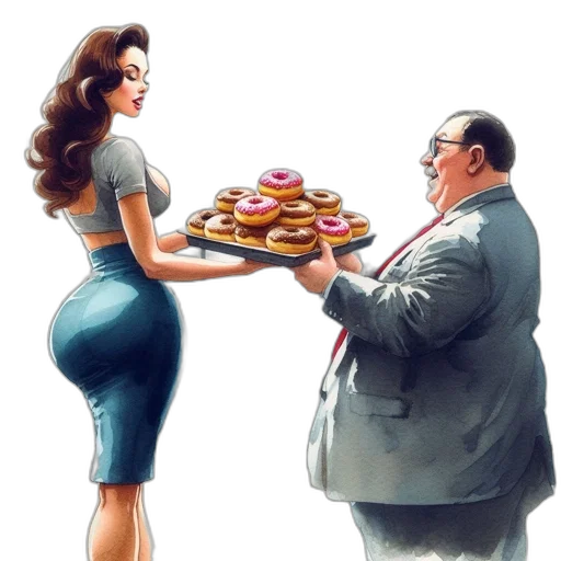food, dress, concept art, photorealistic, cartoon, office, woman, holds transparent PNG cut-out