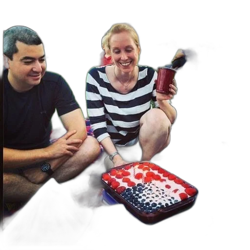 staff, man, woman, sit, grass, cake, strawberries, blueberries transparent PNG cut-out