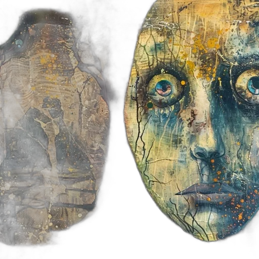 mask, face, photorealistic, concept art, blue, eyes, surrounded, mix transparent PNG cut-out