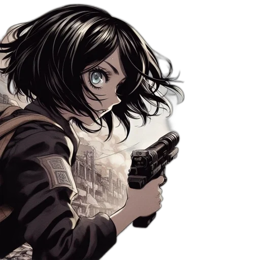 weapon, jacket, face, comic book art, concept art, anime, watercolor, monochrome transparent PNG cut-out