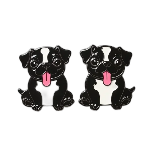two, identical, enamel, pins, featuring, cartoon, pug, black transparent PNG cut-out