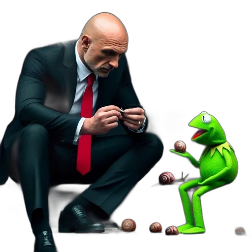 food, concept art, bald, man, suit, sits, step, outside transparent PNG cut-out