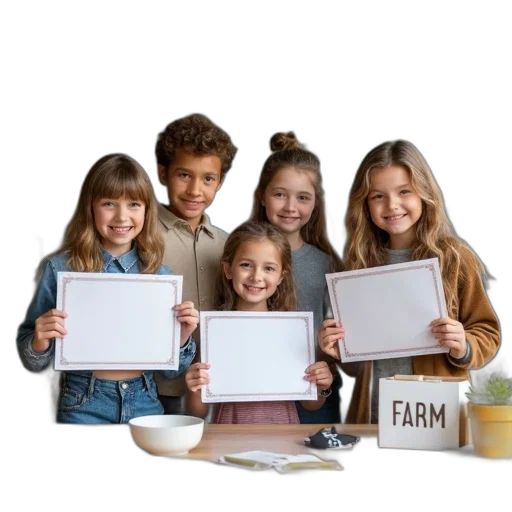 food, group, children, standing, front, table, various, items transparent PNG cut-out