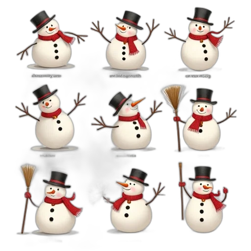 3d render, snow, collection, snowman, illustrations, various, poses, accessories transparent PNG cut-out