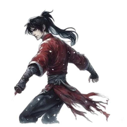 weapon, sword, jacket, concept art, fantasy art, comic book art, pixel art, red transparent PNG cut-out