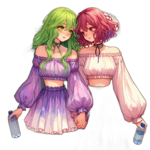 dress, bottle, pixel art, watercolor, concept art, fantasy art, pastel, green transparent PNG cut-out