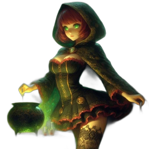 dress, staff, mask, concept art, fantasy art, 3d render, pixel art, green transparent PNG cut-out