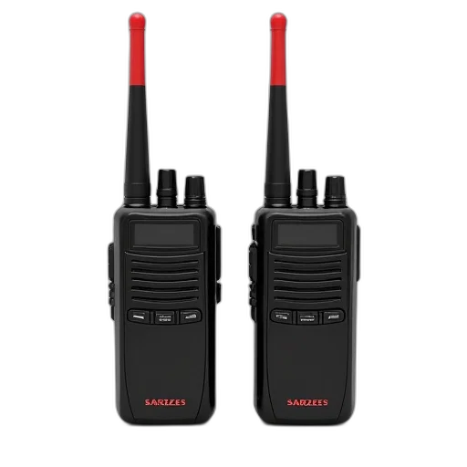 two, identical, black, walkie-talkies, red, antennas, displayed, side transparent PNG cut-out