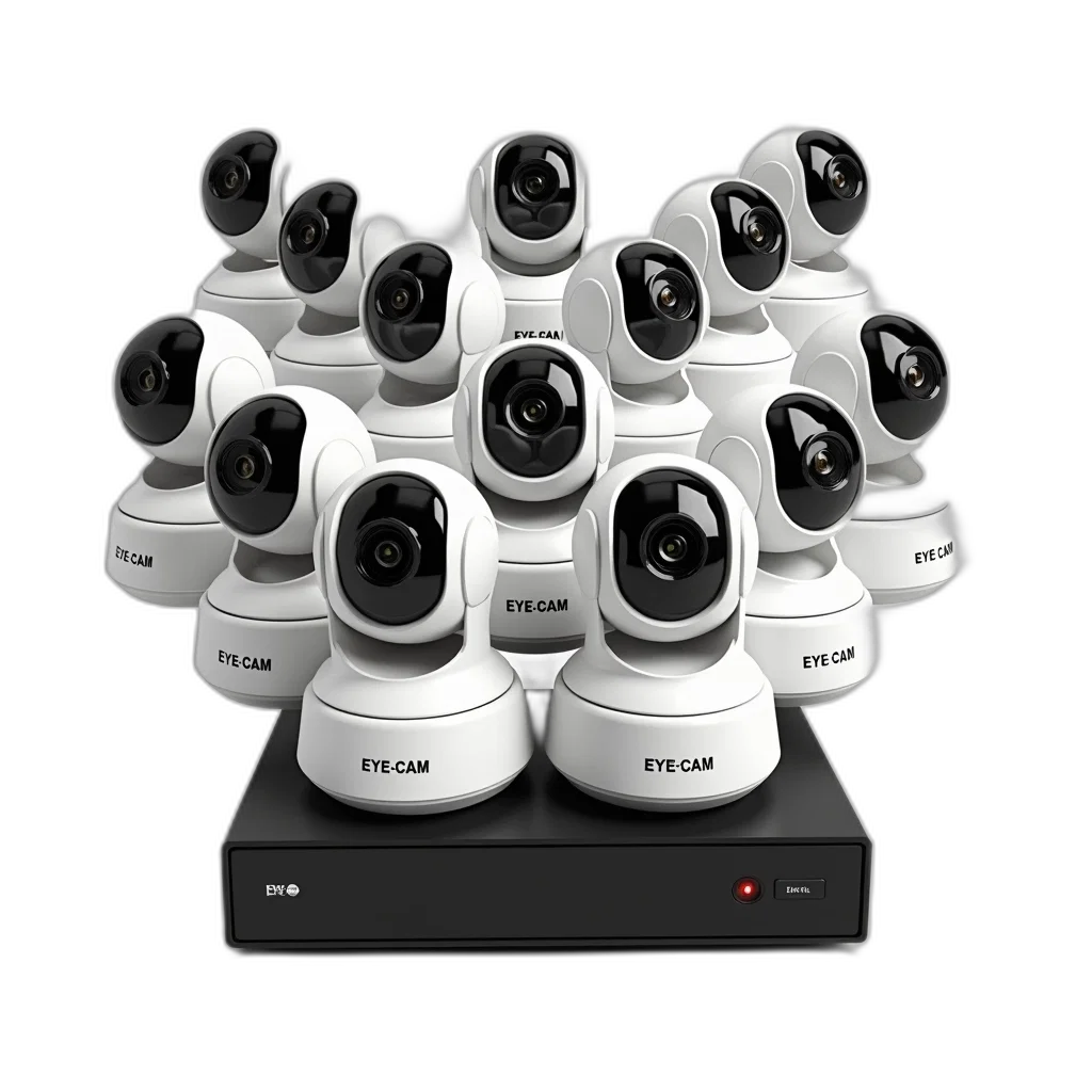 robot, 3d render, collection, security, cameras, displayed, against, white transparent PNG cut-out