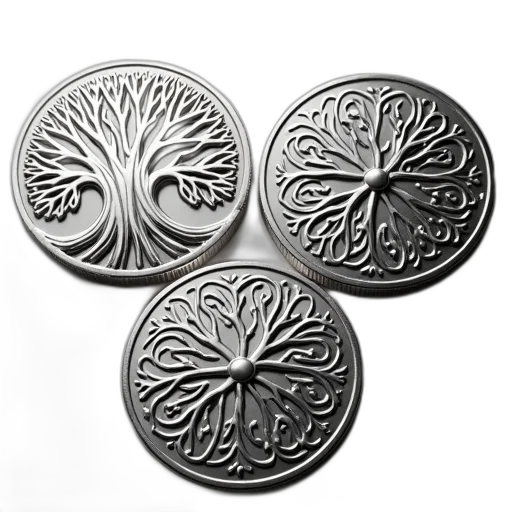 jewelry, monochrome, collection, three, silver, coins, intricate, designs transparent PNG cut-out