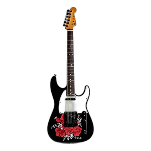 black, electric, guitar, wooden, body, white, pickguard, leaning transparent PNG cut-out