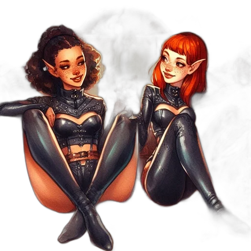 comic book art, concept art, fantasy art, cartoon, outer space, dark, two, females transparent PNG cut-out
