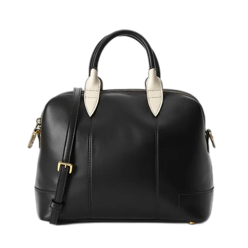 black, leather, handbag, white, trim, handles, gold, buckle transparent PNG cut-out
