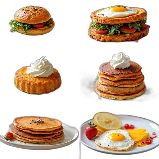 food, photorealistic, 3d render, concept art, collage, various, dishes, displayed transparent PNG cut-out