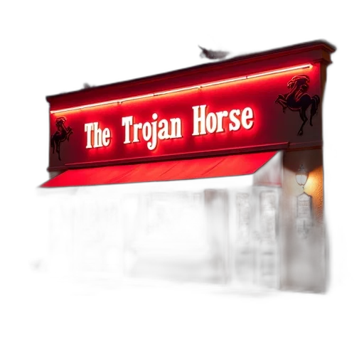 neon lights, exterior, building, night, neon, sign, reads, trojan transparent PNG cut-out