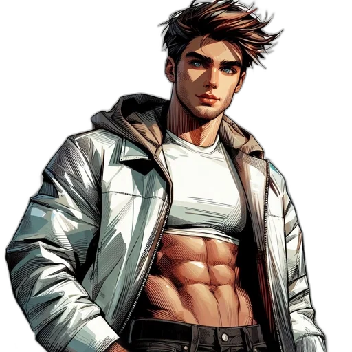jacket, comic book art, concept art, cyberpunk, pixel art, illustration, features, muscular transparent PNG cut-out