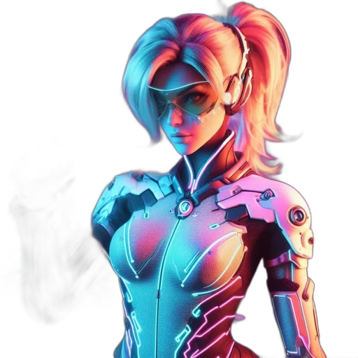 robot, staff, concept art, cyberpunk, comic book art, fantasy art, neon lights, neon transparent PNG cut-out