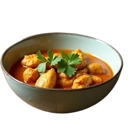 food, 3d render, photorealistic, bowl, curry, chicken, cilantro, garnish transparent PNG cut-out