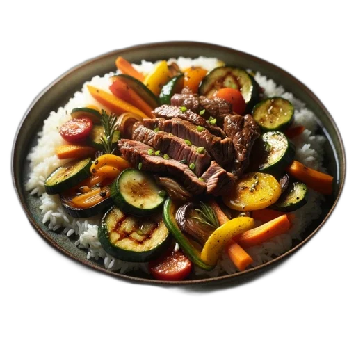 food, steak, dish, colorful, vegetables, grains, garnished, served transparent PNG cut-out