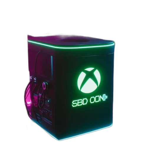 3d render, cyberpunk, neon-lit, gaming, setup, features, unusual, black transparent PNG cut-out